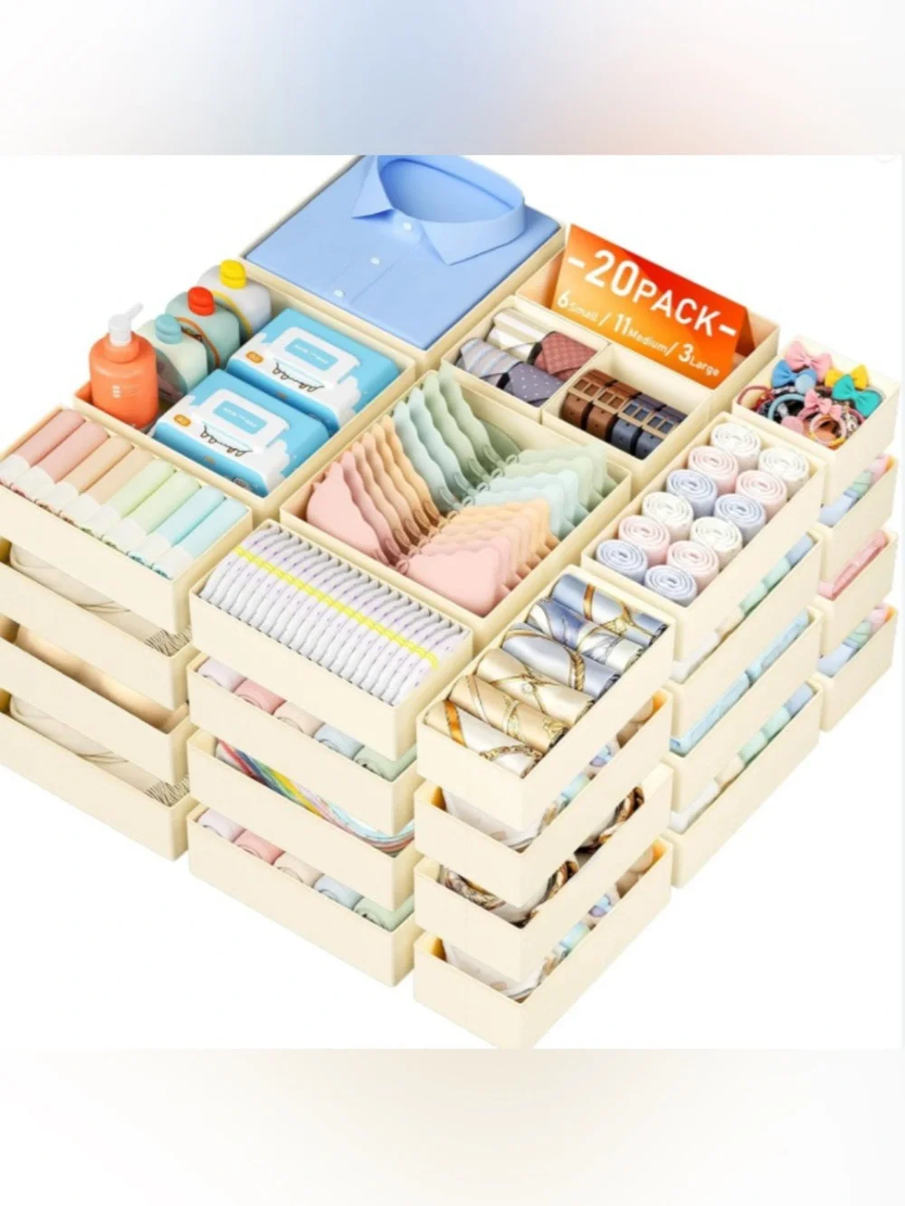 Amazon Cream Modular Drawer Organizer Set with Pastel Inserts — 20-Pack